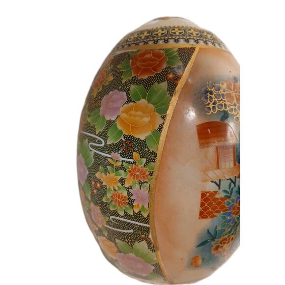 Vntg Huge Japanese Satsuma Egg Asian Decor Orient Hand Painted Cloisonne Floral - Picture 3 of 16